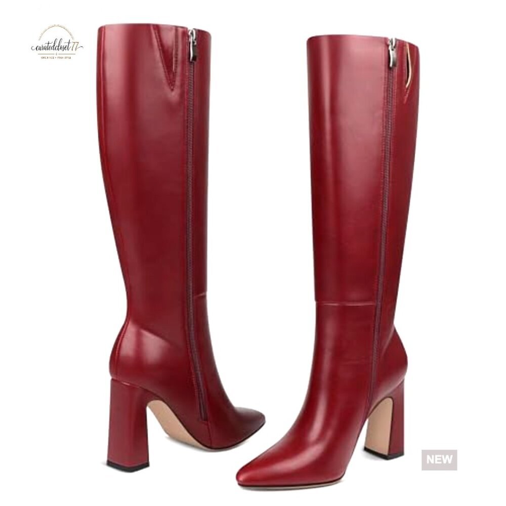 Knee High Boots Chunky Heel Pointed Toe Zipper Synthetic Leather - Picture 4 of 7